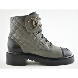 Chanel 21A Grey Black Quilted CC Chain Combat Lace Up Tie Ankle Short Boots 35.5